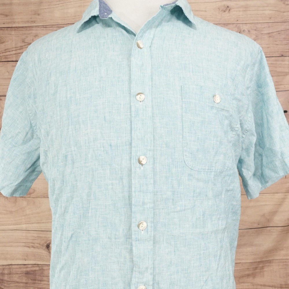 Even Tide Button Down Shirt Mens XL Blue Good Linen Blend Short Sleeve Regular
